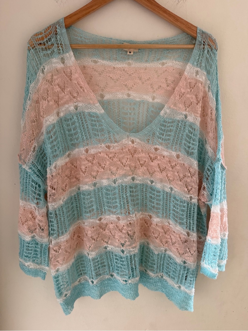NWOT POL Boho Pastel Pointelle Knit V-Neck Stripe Beach Sweater Loose Fit S